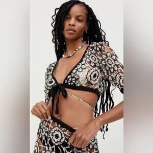 FOR LOVE AND LEMONS 🍋 Crochet Layering Sofia Top Black/White NWT Sz:XXS Ret$168